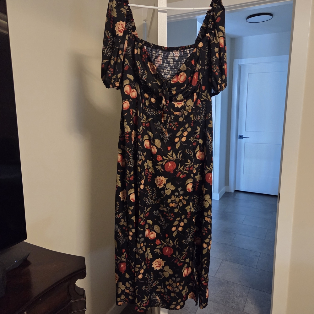 Cider Black Floral Midi Dress with Red & Cream Blooms
